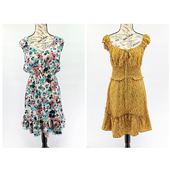 2 Boho Dress Women Medium Multicolor Ditsy Floral Print Smocked Ruffled Coquette - Picture 1 of 15